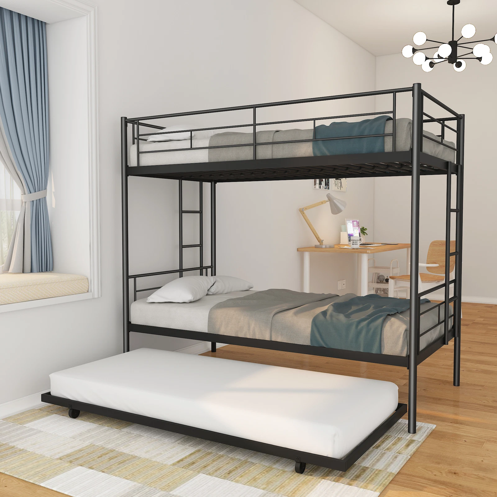 Twin Over Twin Metal Bunk Bed Frame with Trundle F